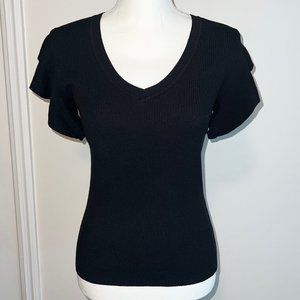 Philosophy Republic Clothing Black Ruffle Cap Sleeve Ribbed V-Neck Top Sz M
